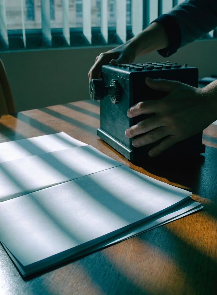Mesa de trabajo con hojas y contador mecánico en una oficina editorial española