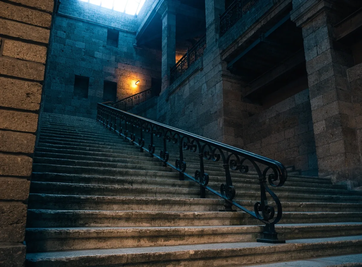 Pasillo de la sede editorial de noche, con una lámpara cálida al fondo y luz fría entrando por la ventana