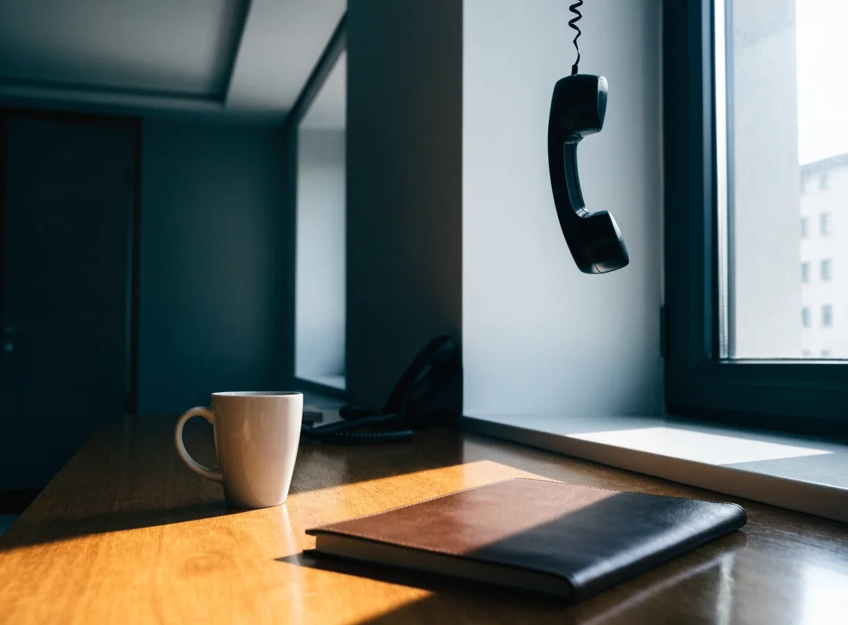Recepción de la oficina editorial en San Sebastián, con teléfono y cuaderno sobre la mesa al lado de una ventana