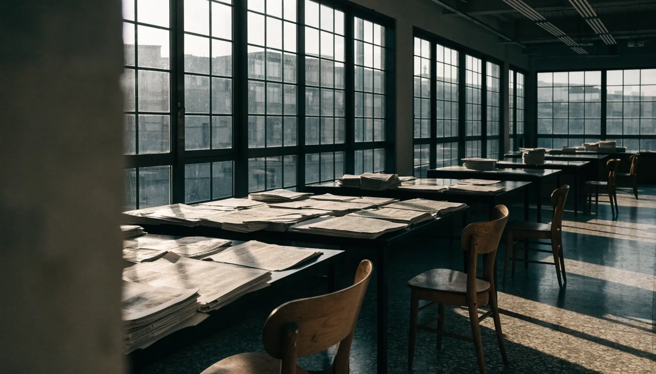Sala de lectura con luz fría de mañana sobre una mesa larga y papeles sin marcar