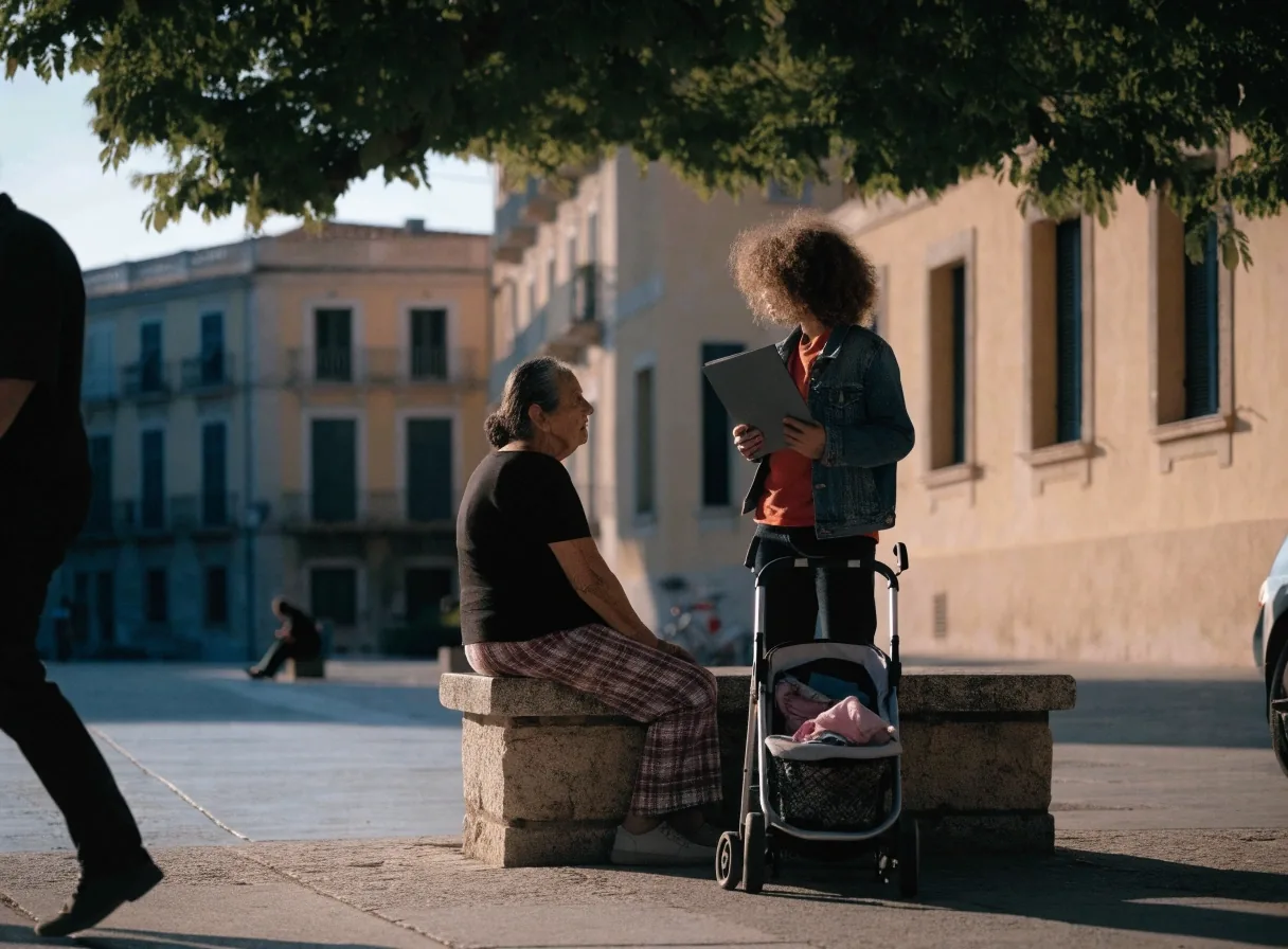 Plaza de barrio en una ciudad española con residentes de distintas edades compartiendo el mismo espacio