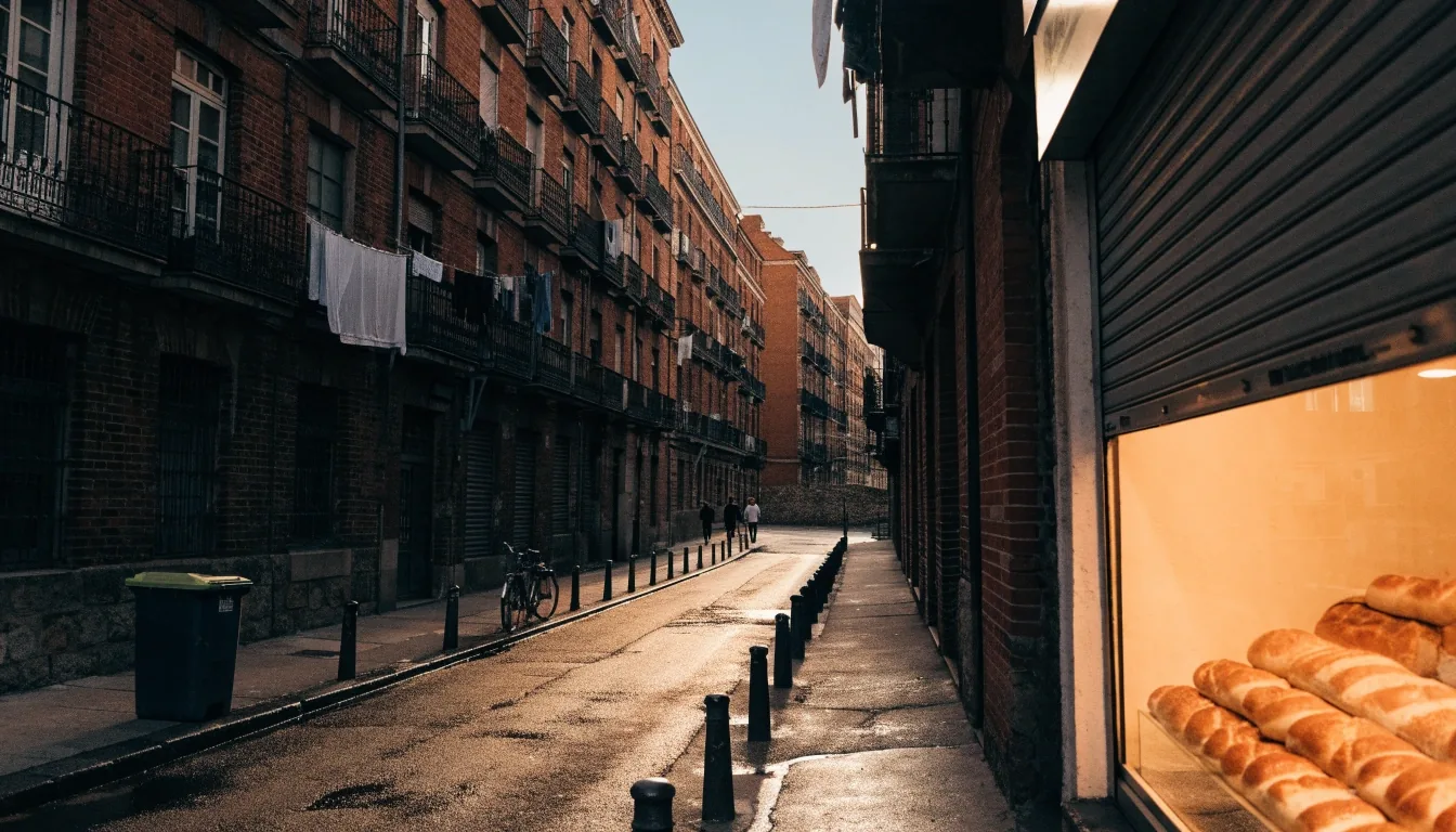 Barrio residencial español al amanecer, con la ciudad despierta y el cielo frío sobre los tejados