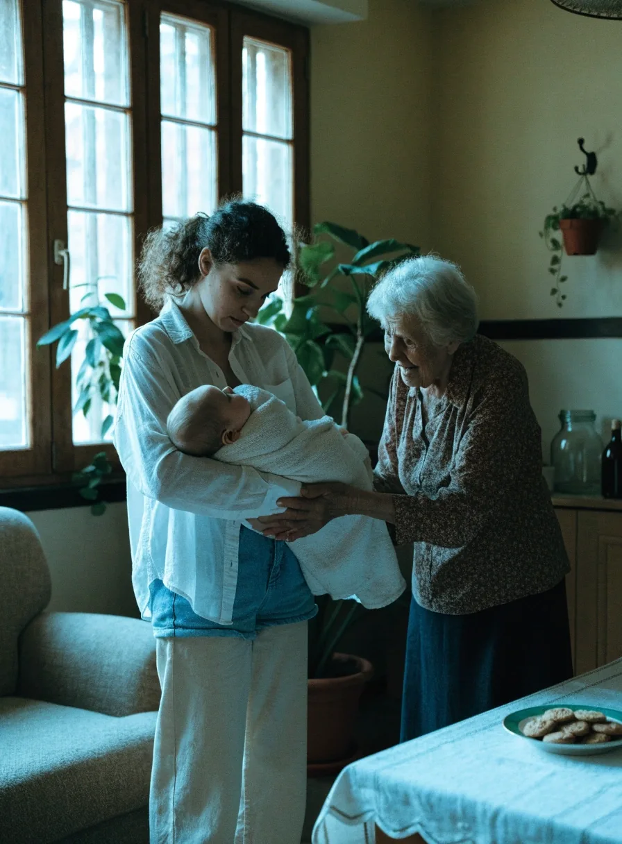 Dos generaciones de una familia española compartiendo mesa en un piso con luz de mañana