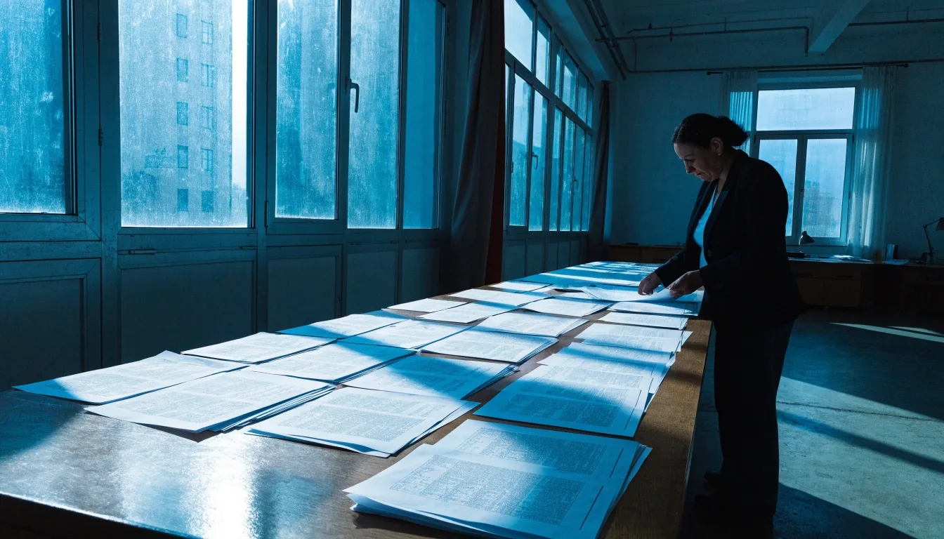 Sala de lectura con documentos extendidos sobre una mesa larga