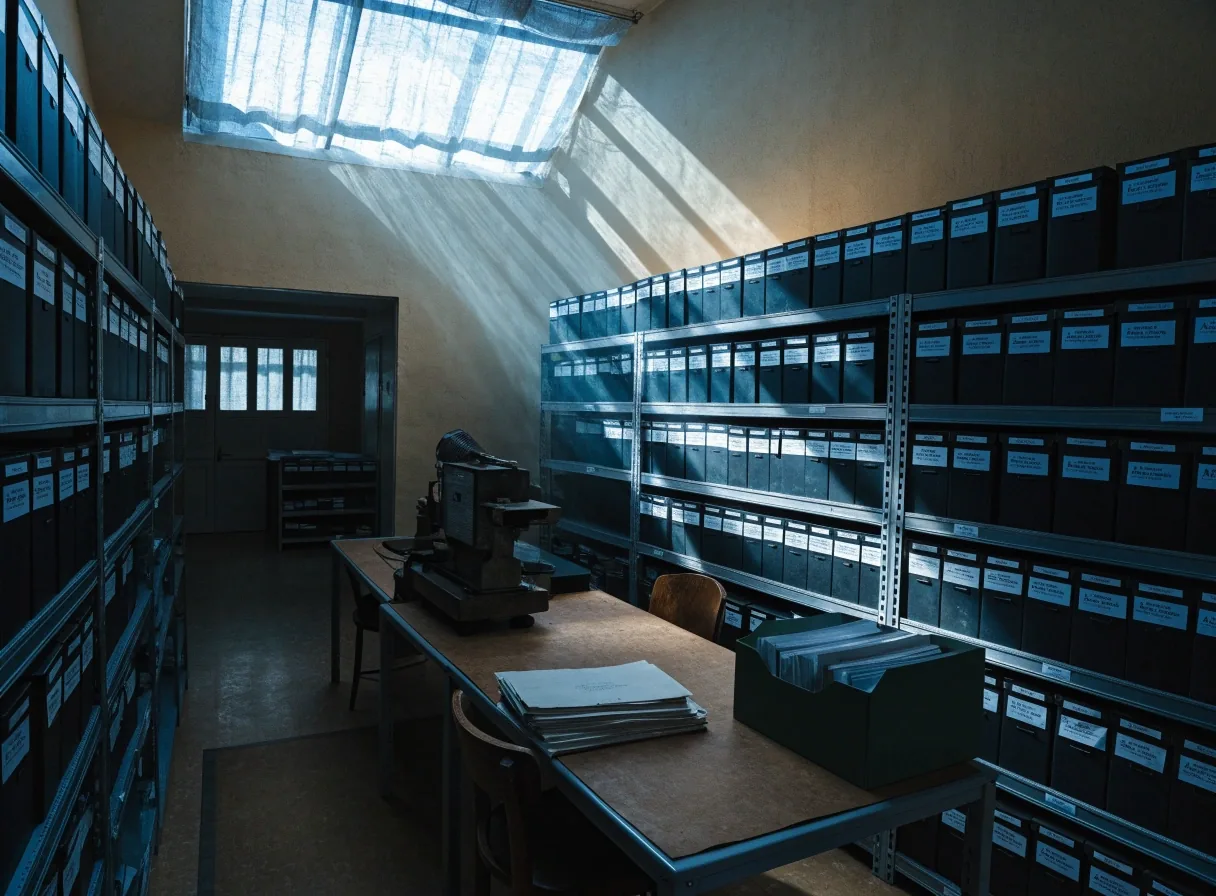 Sala de archivo con una mesa larga y documentación cerrada bajo luz de mañana
