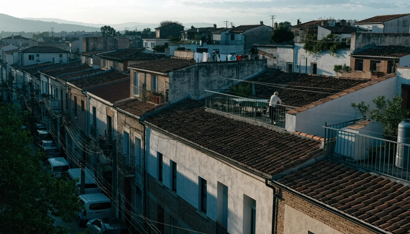 Tejados de una ciudad española a primera hora de la mañana, vistos desde un edificio más alto