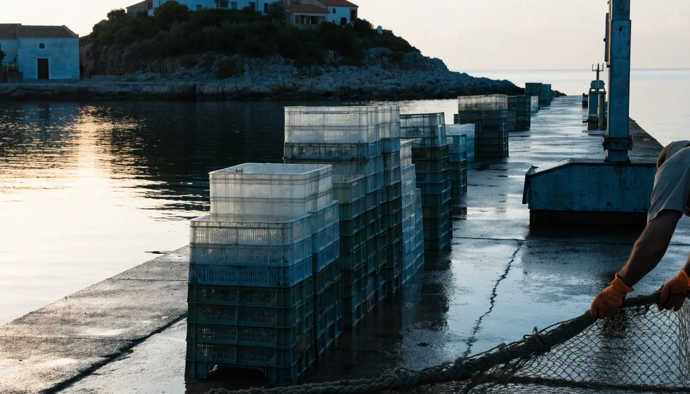 Zona de carga de un puerto español a primera hora, con contenedores apilados y grúa al fondo