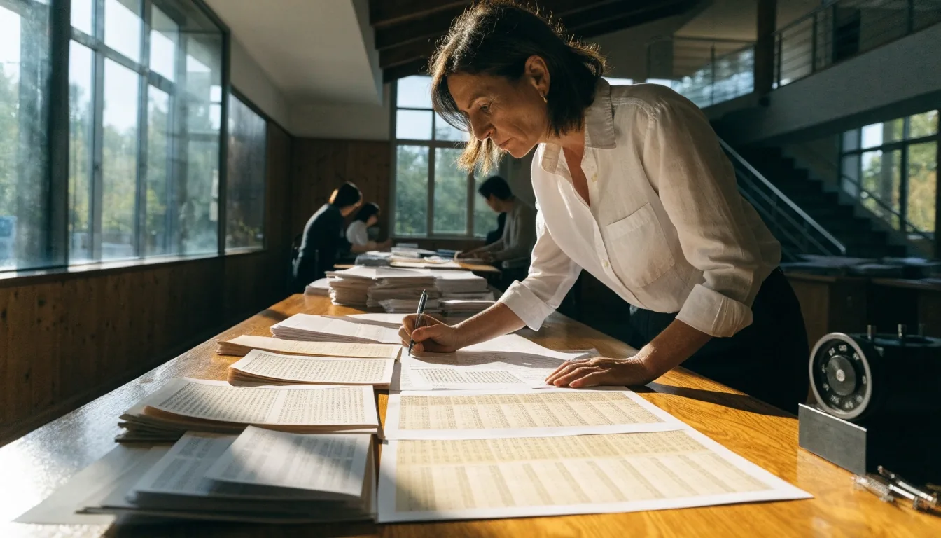 Mesa de trabajo con tablas estadísticas impresas y un contador mecánico junto a la ventana