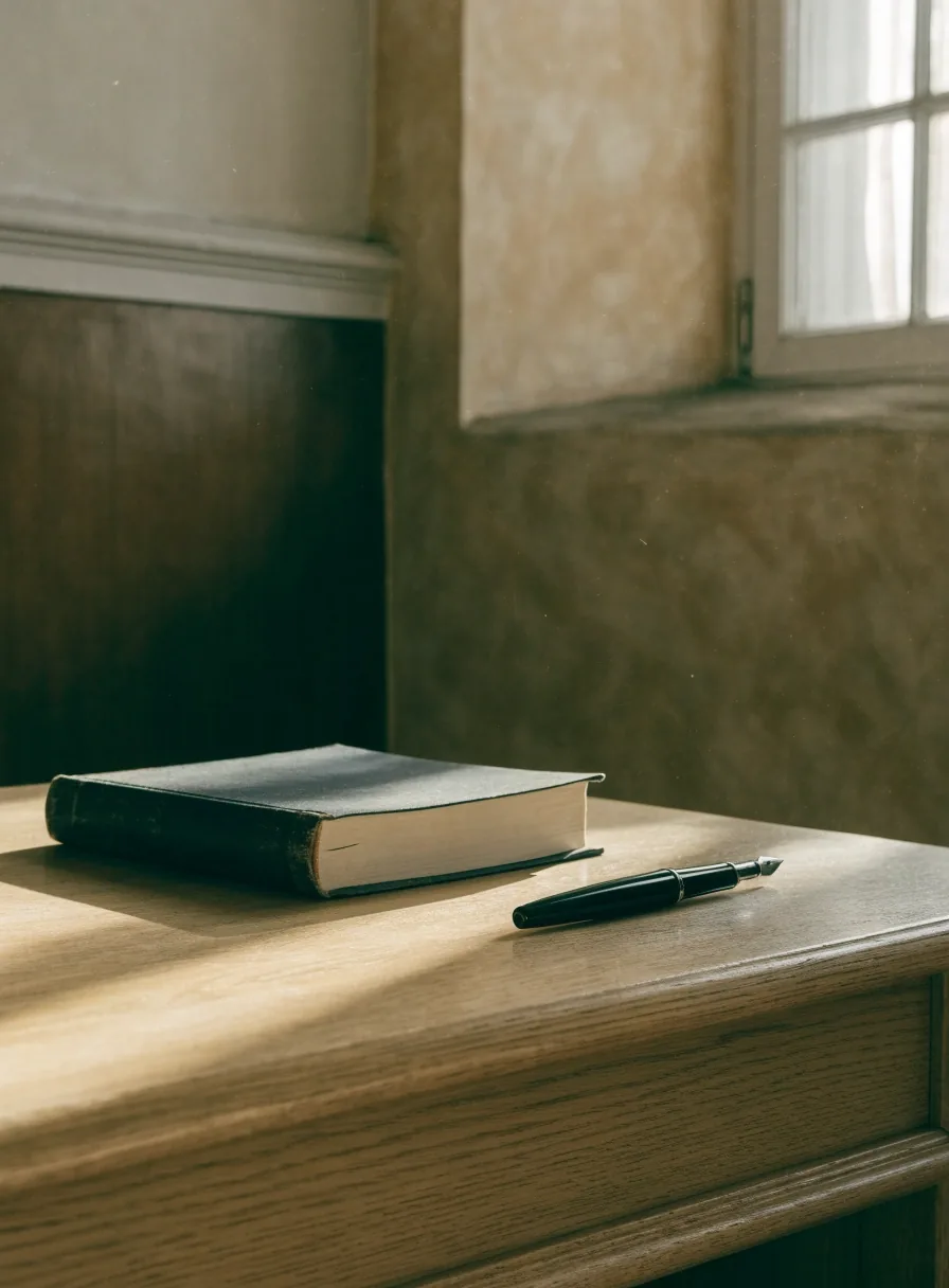 Mesa de trabajo con un libro de registro cerrado y una pluma, junto a la ventana de una oficina española