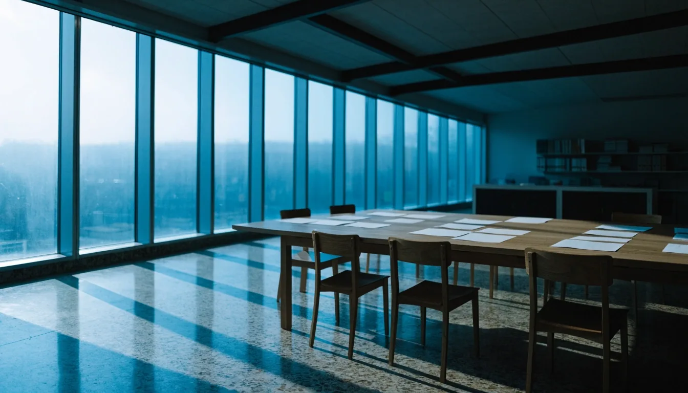 Sala de lectura interior de una oficina de estadística española con una mesa y ventanales altos